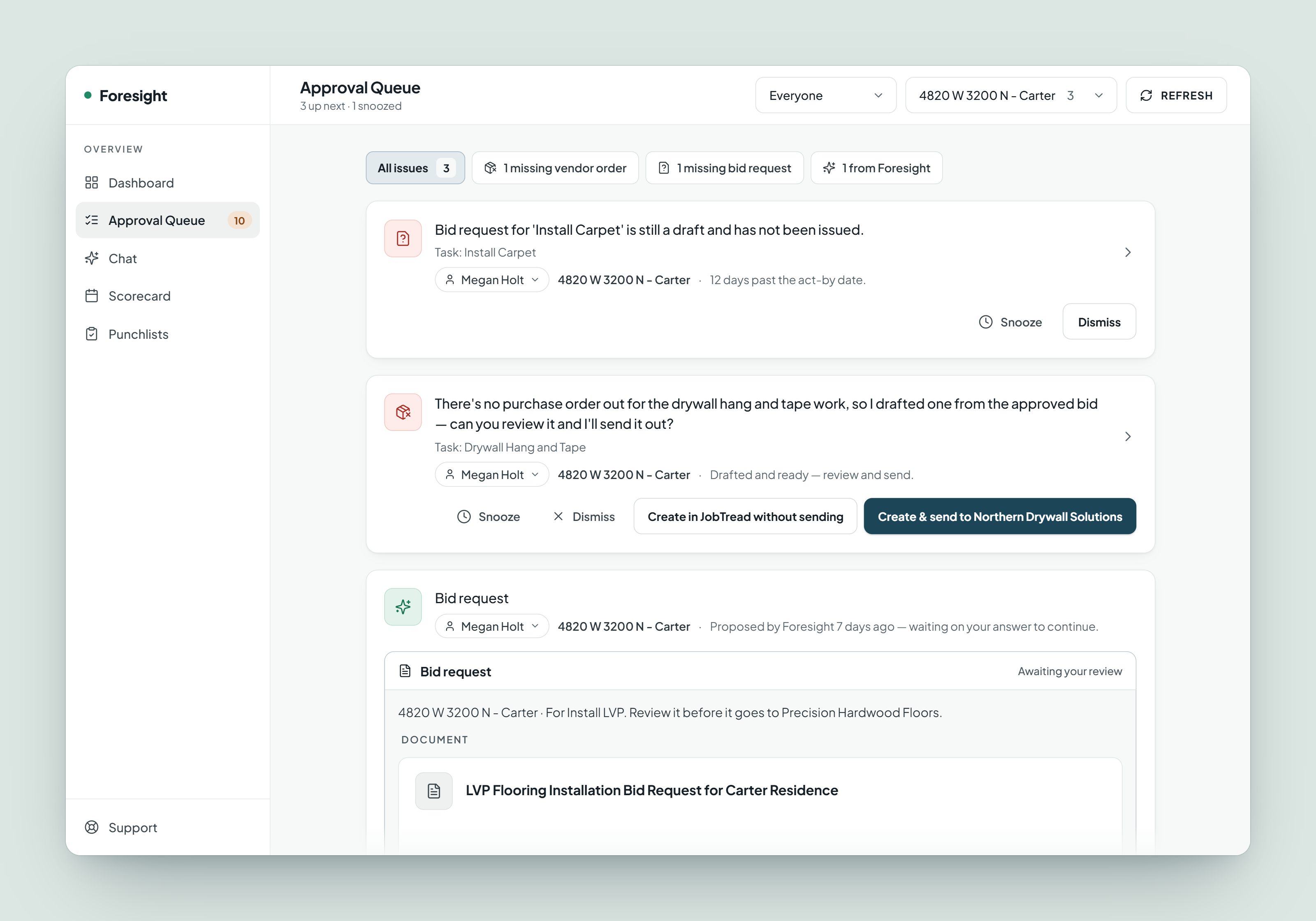 The Foresight Approval Queue with drafted work across several jobs