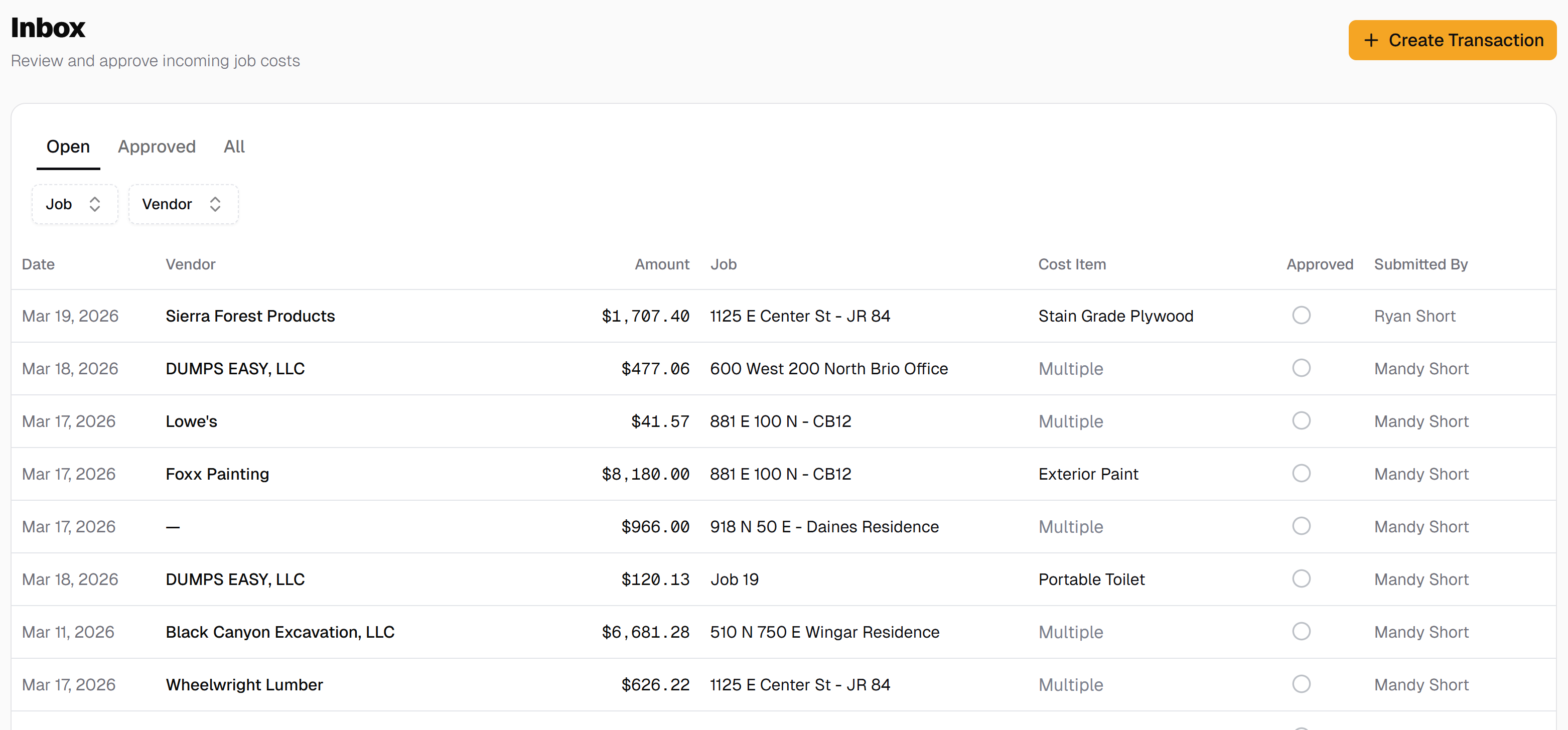 JobBox inbox showing pending vendor bills across all jobs