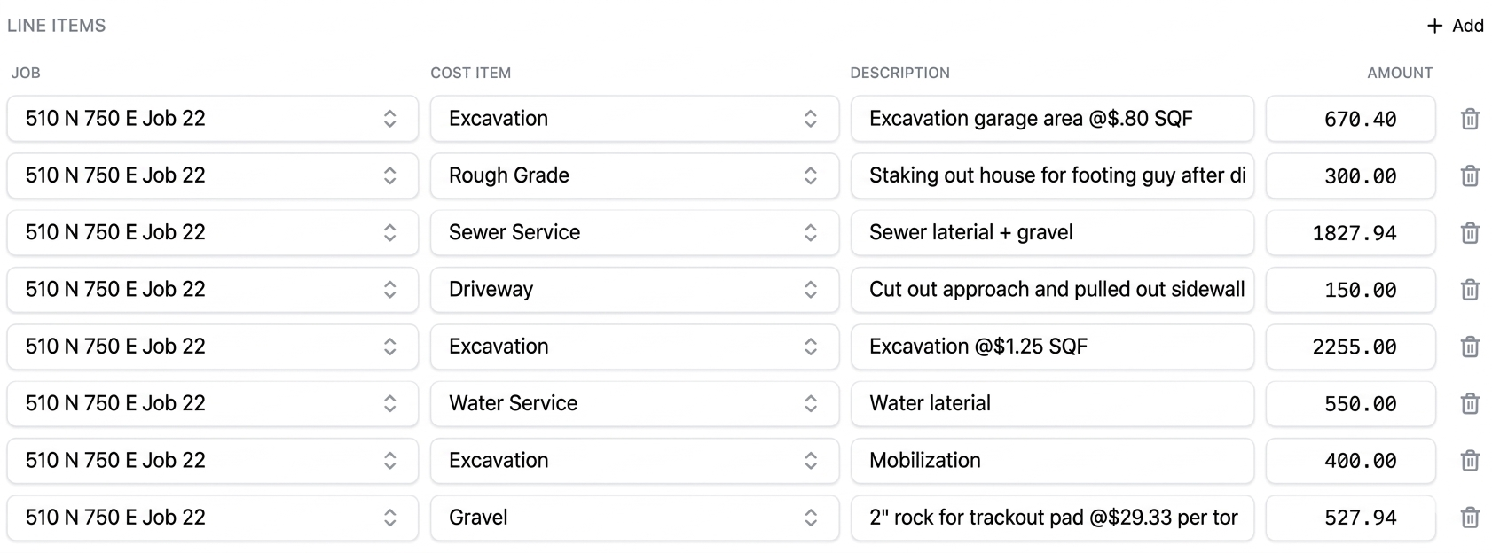 JobBox line items extracted from vendor invoice