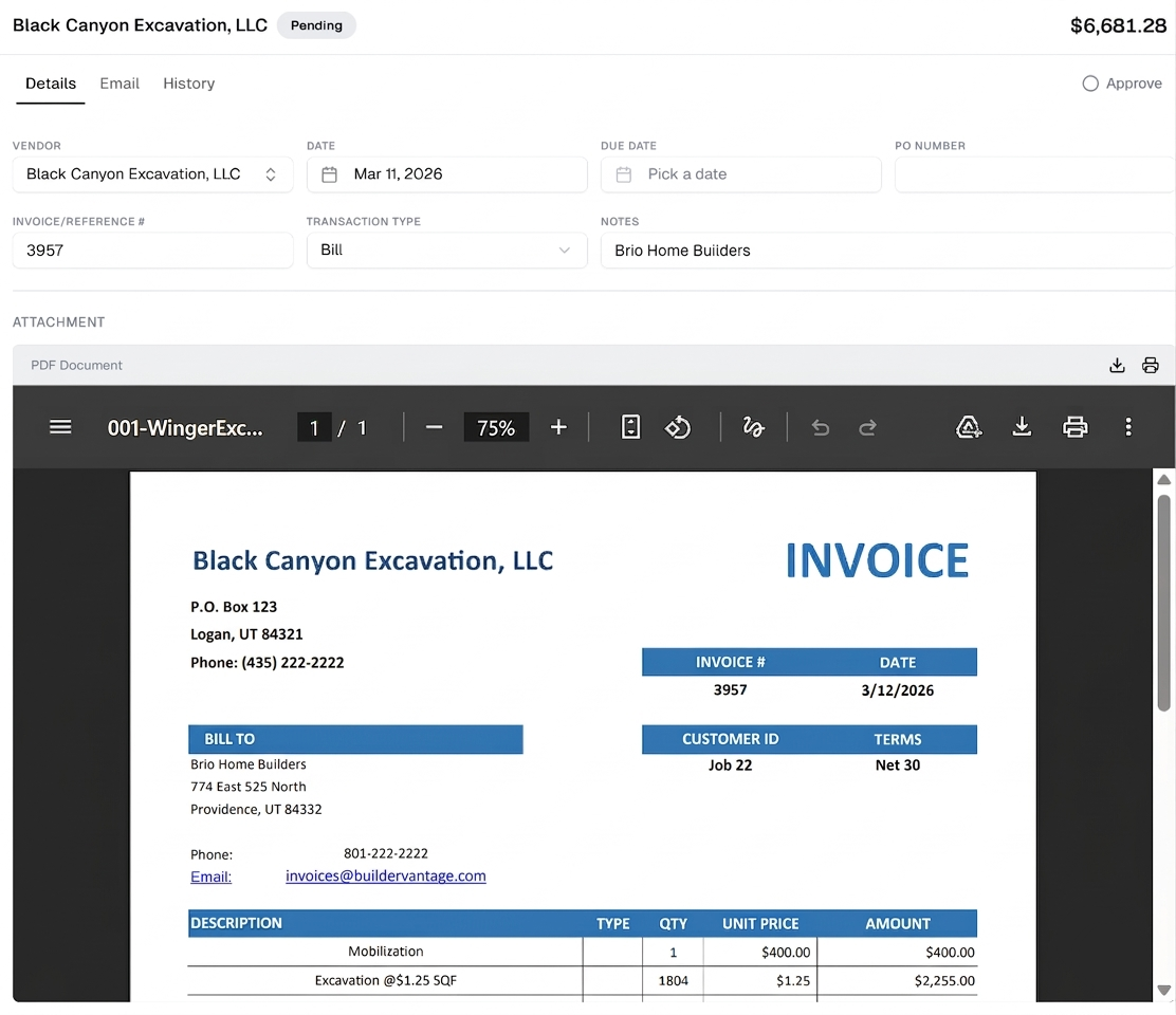 JobBox transaction detail view with invoice preview
